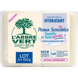L'Arbre Vert Savon Doux Hydratant Peaux Sensibles Famille et Bébé à l’Amande Douce Bio par 2 de 100g (lot de 6 soit 12 savons)