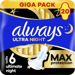 ALWAYS Serviettes Hygiéniques avec Ailettes Ultra Nuit Taille 6 Max Protection 20 serviettes