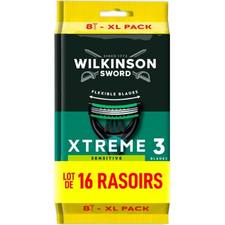 WILKINSON Rasoir Jetable Xtreme 3 Pour Homme Peau Sensible 3 Lames Flexibles lot de 2 paquets 8 rasoirs