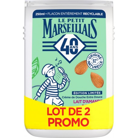 LE PETIT MARSEILLAIS Crème douche Extra Doux Lait d'Amande Douce Bio les 2 flacons de 250ml