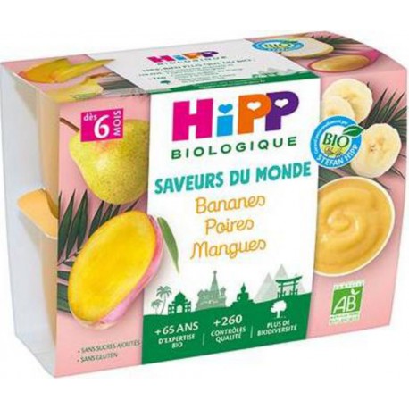 HIPP BIOLOGIQUE SAVEURS DU MONDE ALIMENTS INFANTILES DESSERT DE FRUIT POT PLASTIQUE DES 6 MOIS BANANE & MANGUE & POIRE SANS ADDI